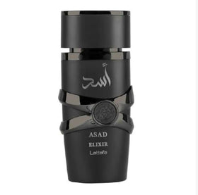 Lattafa Asad Elixir black bottle with silver embellishments for evening wear
