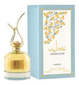 Lattafa Asdaaf Andaleeb bottle close-up showing creamy floral hues for everyday wear
