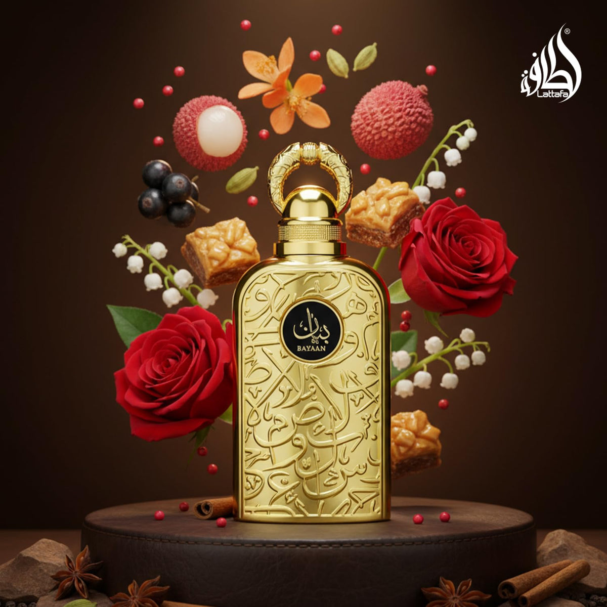 Lattafa Bayaan base notes vanilla, moss, oud for warm depth.