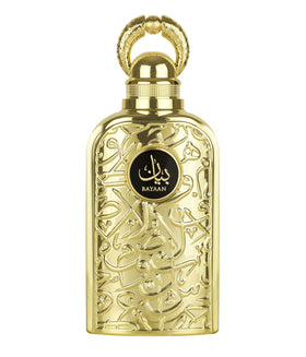 Lattafa Bayaan bottle close-up highlighting the floral fruity gourmand profile.