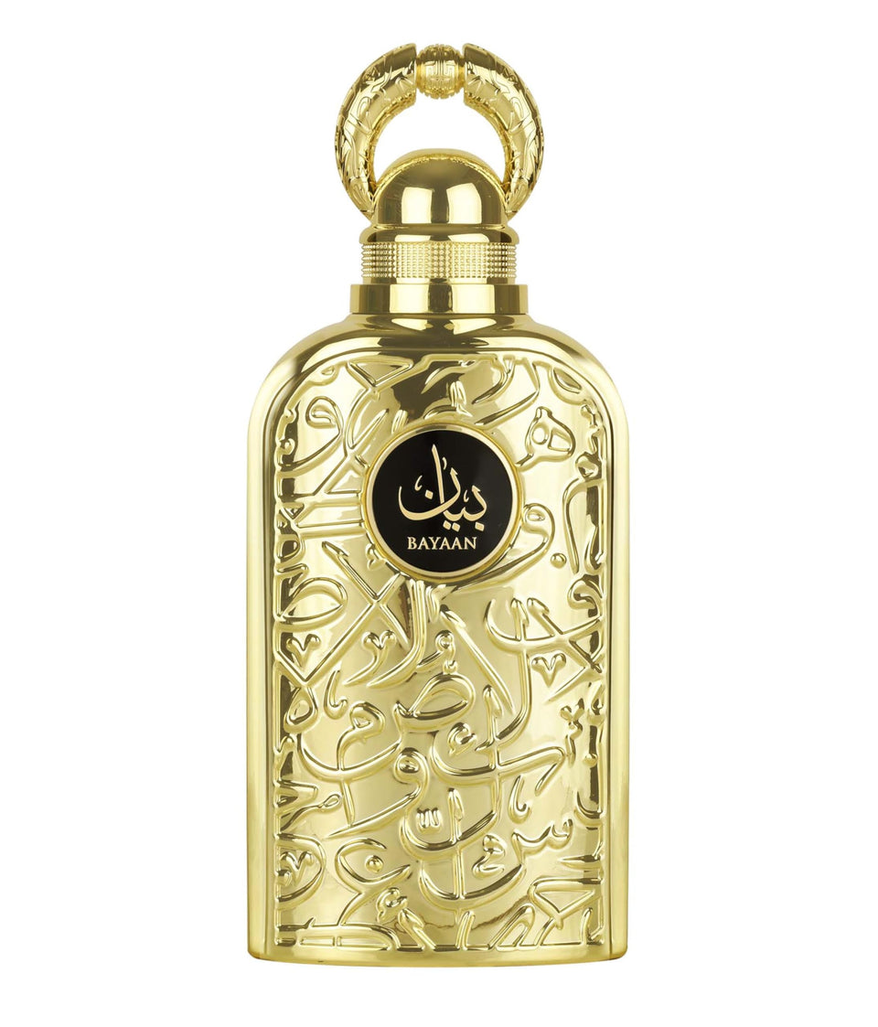 Lattafa Bayaan bottle close-up highlighting the floral fruity gourmand profile.
