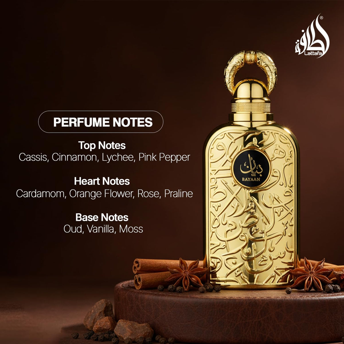Lattafa Bayaan middle notes rose and cardamom heart showcased.