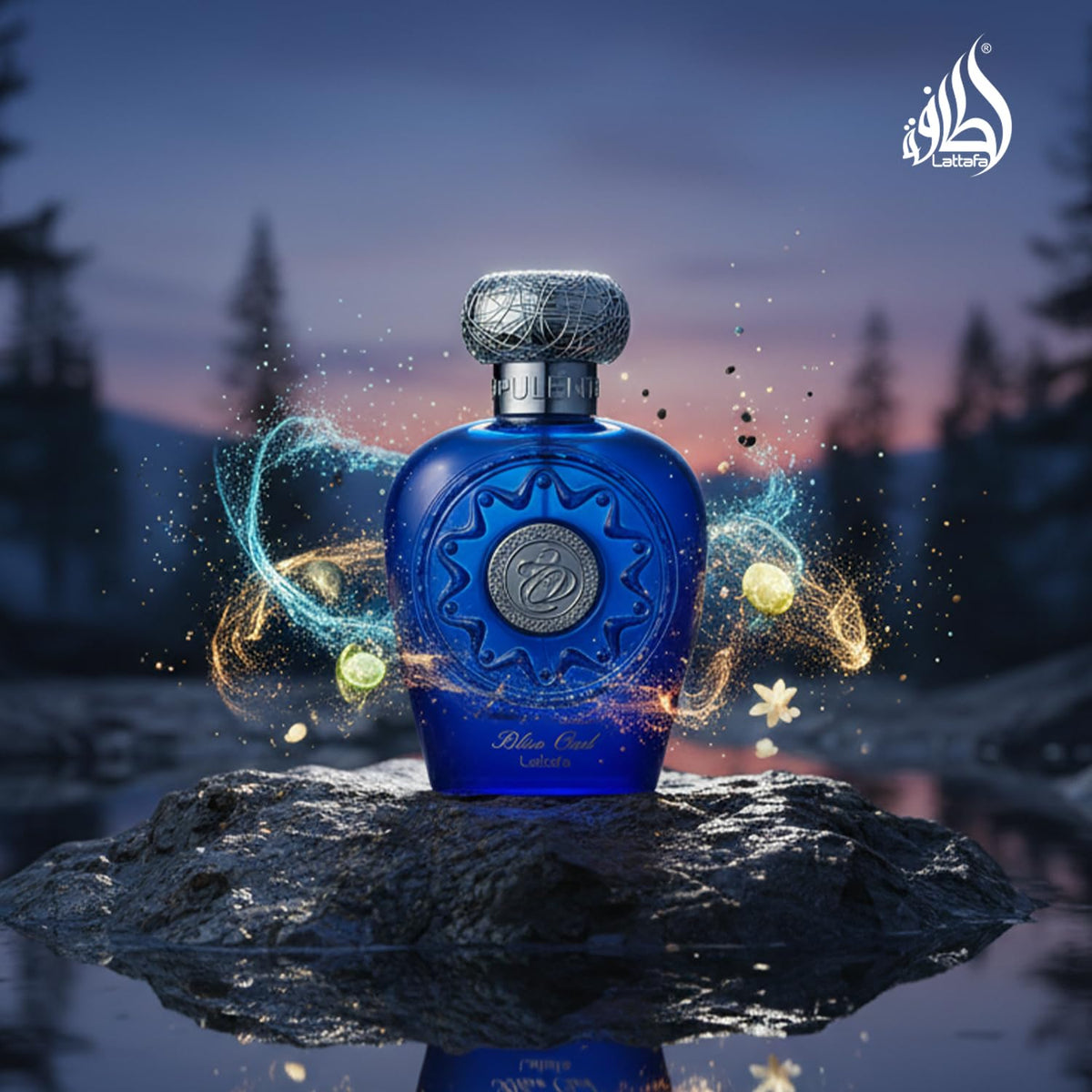 Lattafa Blue Oud amber-wood base note hints of warmth.