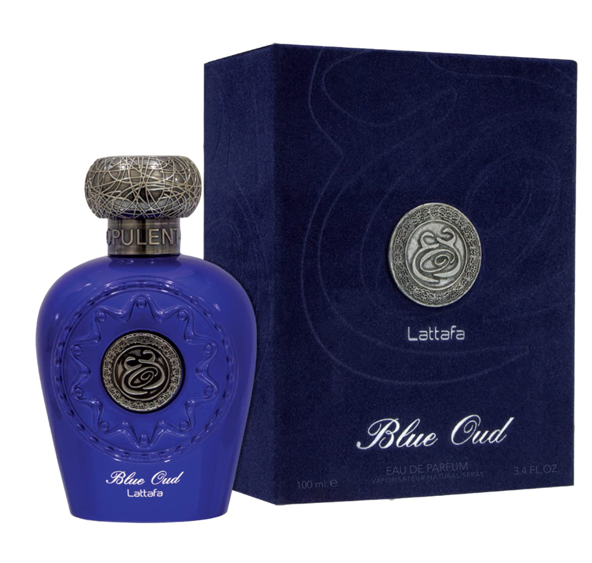 Lattafa Blue Oud bottle side view with premium packaging.