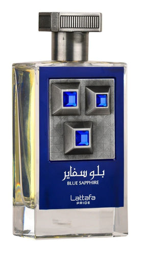 Lattafa Blue Sapphire cap close-up, signaling premium oriental woody scent for year-round wear.