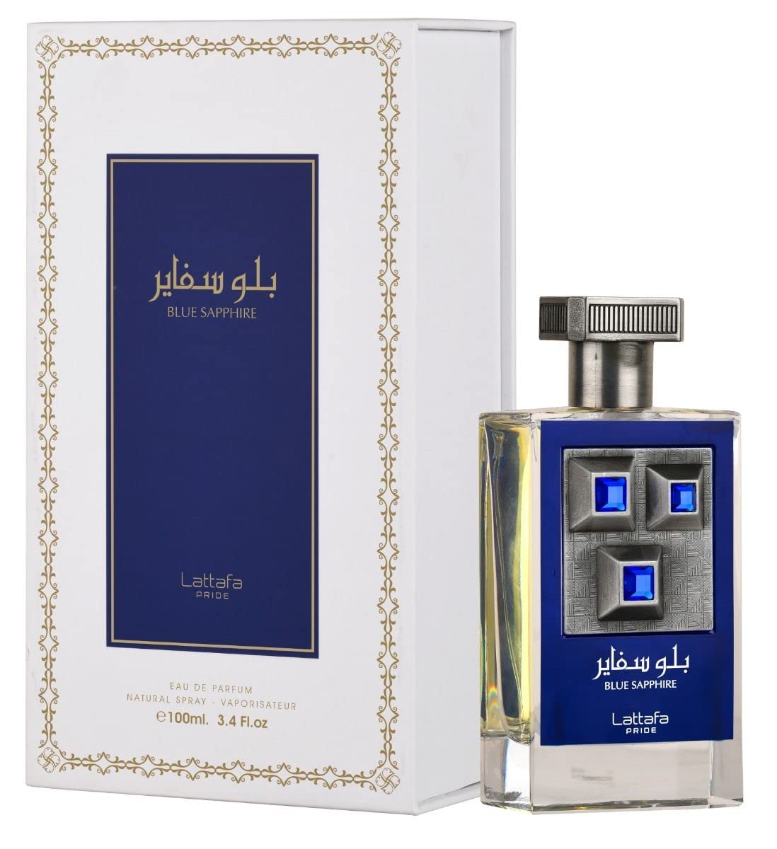 Lattafa Blue Sapphire bottle front view, showcasing a bold, sophisticated unisex fragrance.
