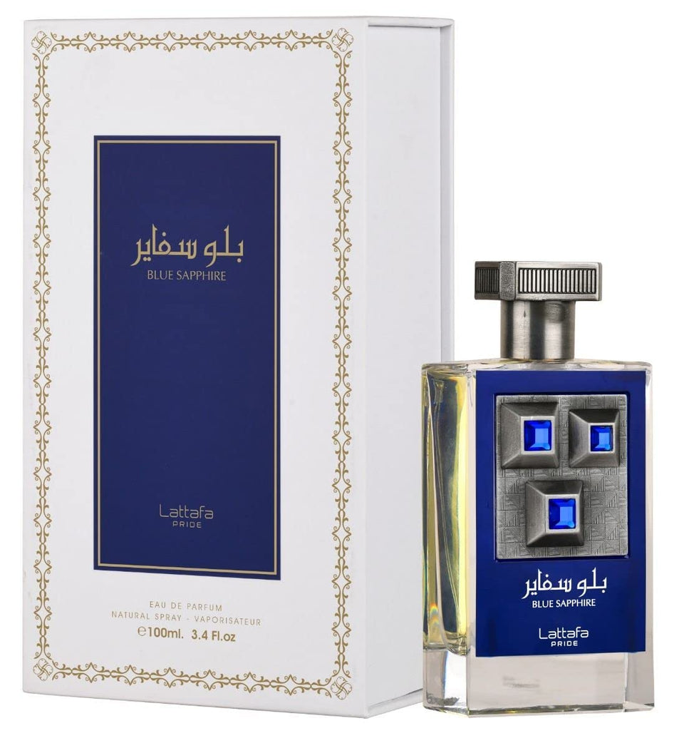 Lattafa Blue Sapphire bottle front view, showcasing a bold, sophisticated unisex fragrance.