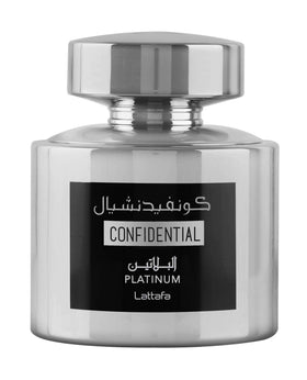 Lattafa Confidential Platinum bottle, front view, ideal for daily wear and confidence.