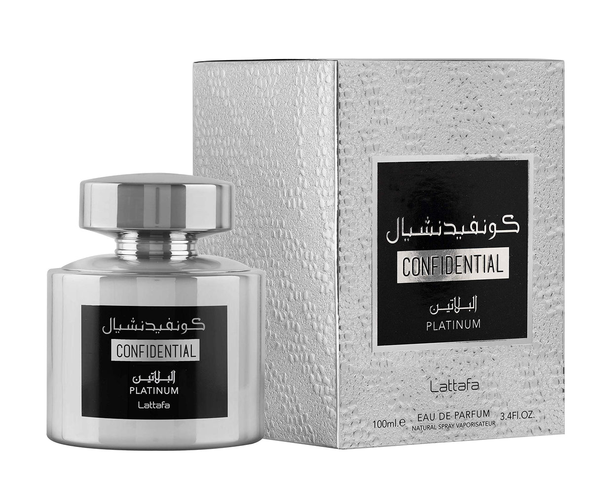 Lattafa Confidential Platinum packaging box with elegant presentation and brand details.