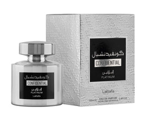Lattafa Confidential Platinum packaging box with elegant presentation and brand details.