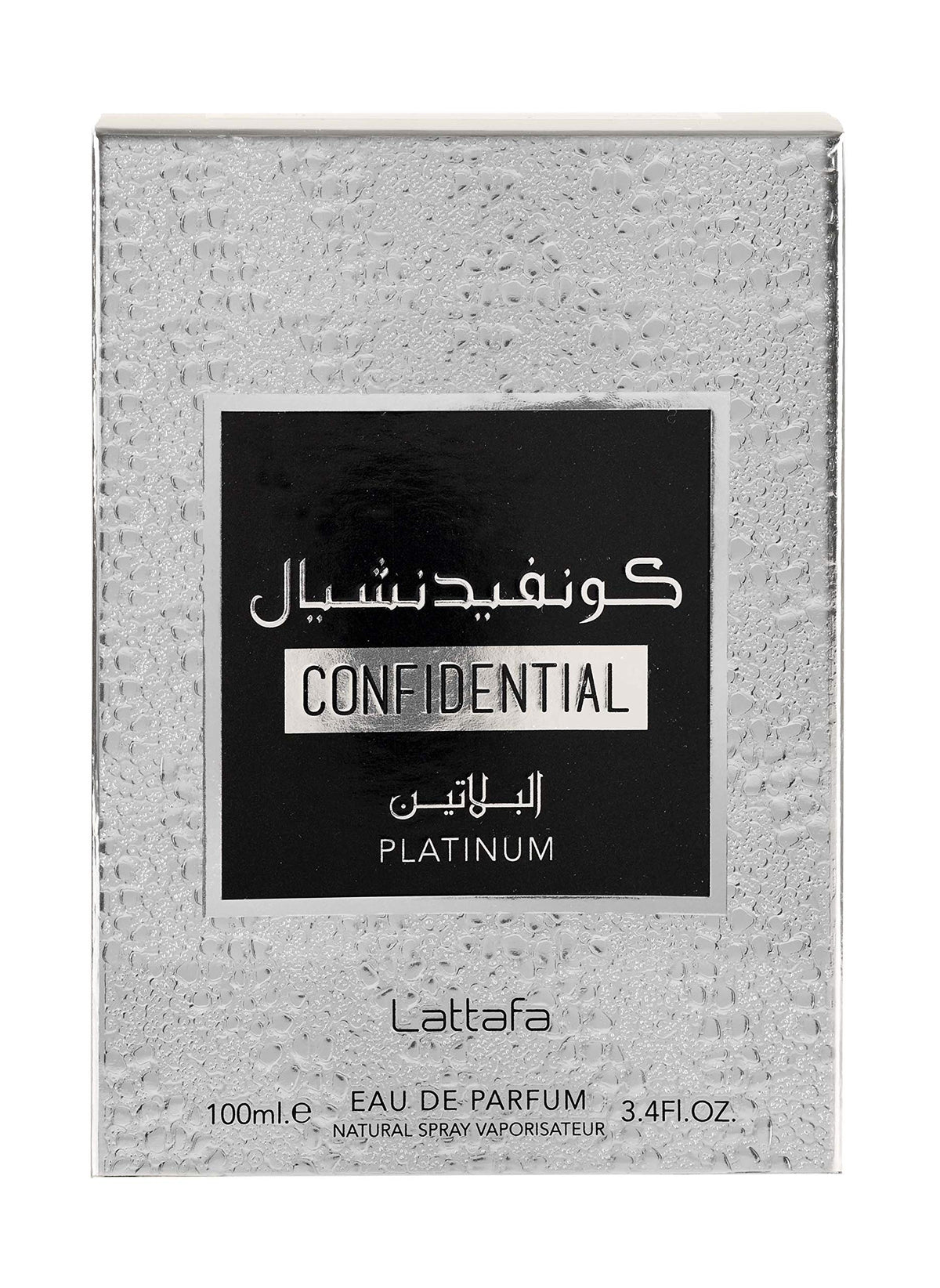Lattafa Confidential Platinum on dresser, refined fragrance display.