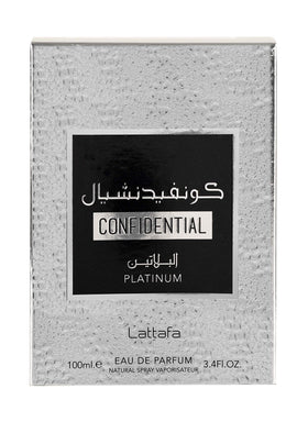 Lattafa Confidential Platinum on dresser, refined fragrance display.
