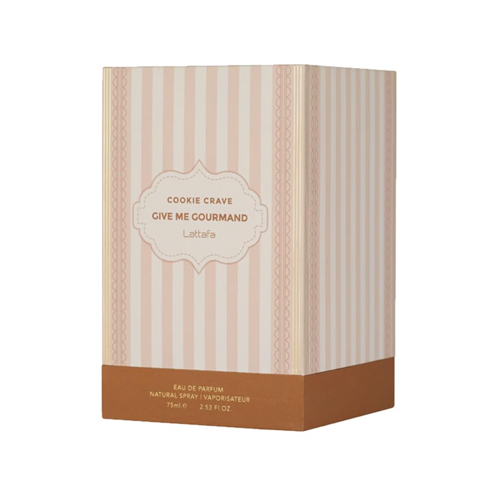 Lattafa Cookie Crave bottle angled showing warm vanilla notes