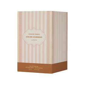 Lattafa Cookie Crave bottle angled showing warm vanilla notes
