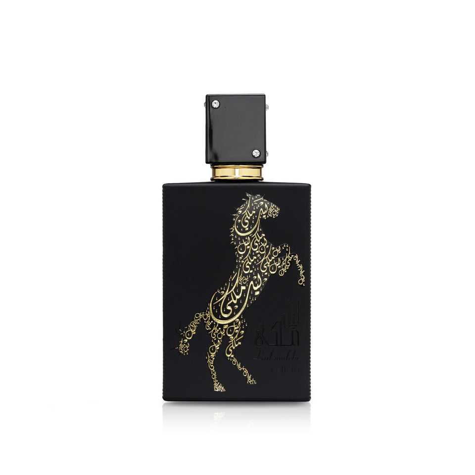 Lattafa Lail Maleki bottle close-up highlighting amber notes for daily wear.