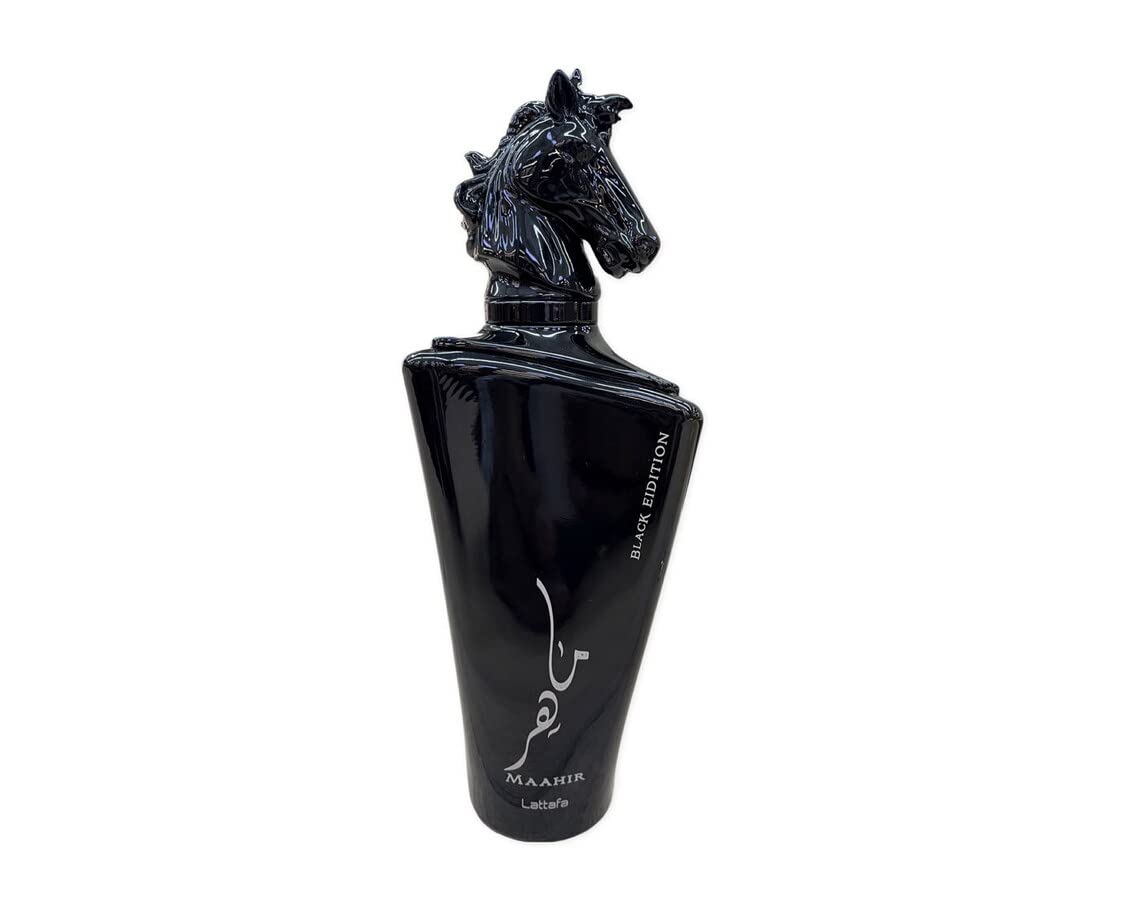 Lattafa Maahir Black Edition bottle closeup shows the deep glass and premium finish.