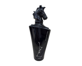 Lattafa Maahir Black Edition bottle closeup shows the deep glass and premium finish.