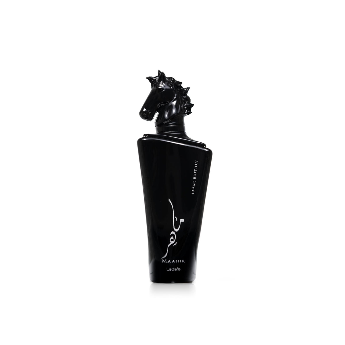 Lattafa Maahir Black Edition bottle front, premium unisex fragrance for any occasion.
