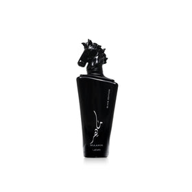 Lattafa Maahir Black Edition bottle front, premium unisex fragrance for any occasion.