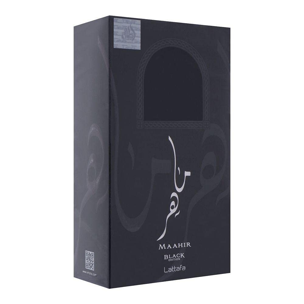 Lattafa Maahir Black Edition box packaging conveys a sophisticated, unisex fragrance experience.