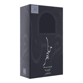 Lattafa Maahir Black Edition box packaging conveys a sophisticated, unisex fragrance experience.