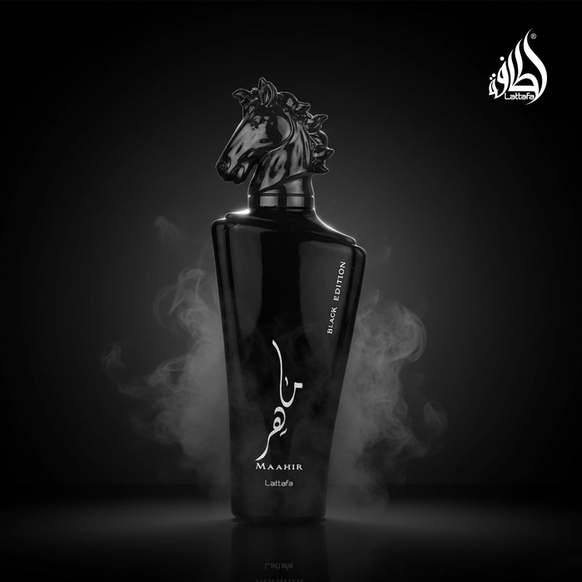 Lattafa Maahir Black Edition label art, conveys sophistication and scent notes.