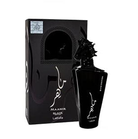 Lattafa Maahir Black Edition label back lists notes and branding.