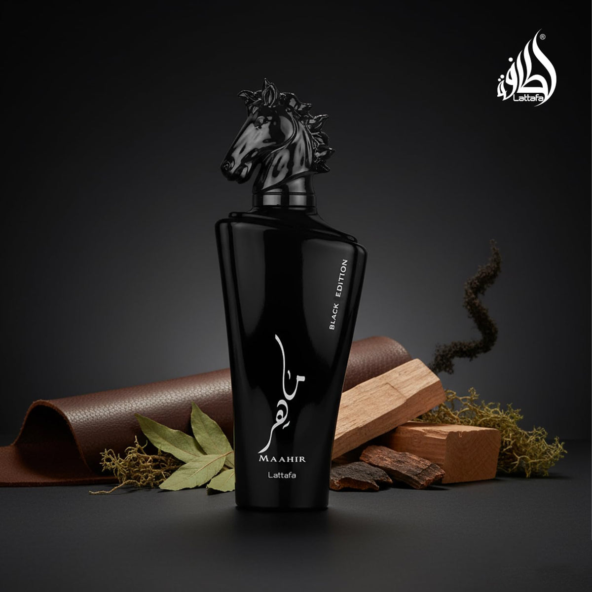 Lattafa Maahir Black Edition wooden cap detail, premium texture.