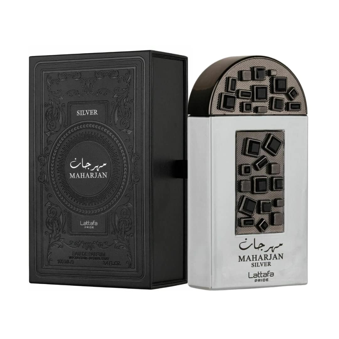 Lattafa Maharjan Silver bottle close-up, a versatile unisex fragrance for daily wear.