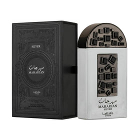 Lattafa Maharjan Silver bottle close-up, a versatile unisex fragrance for daily wear.