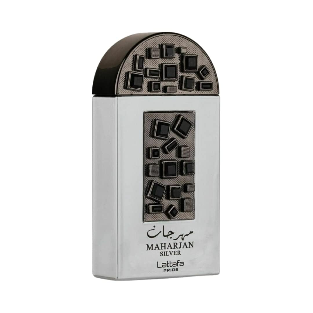 Lattafa Maharjan Silver flacon display, premium scent with fresh floral notes.