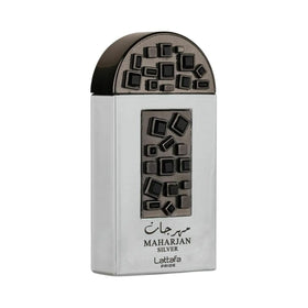 Lattafa Maharjan Silver flacon display, premium scent with fresh floral notes.