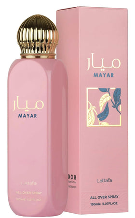 Lattafa Mayar floral-heart close-up with rose and magnolia hinting at elegant bouquet.