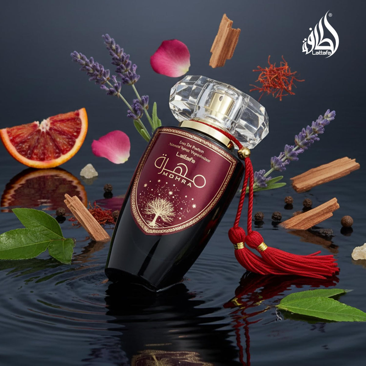 Lattafa Mohra 3-4oz bottle side view, balanced silhouette for everyday carry