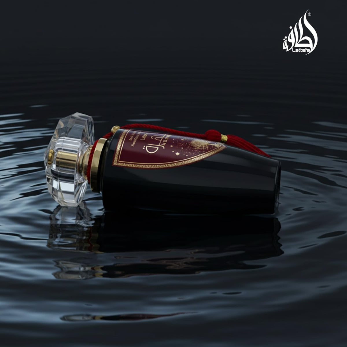 Lattafa Mohra bottle on surface, sleek unisex fragrance for any occasion