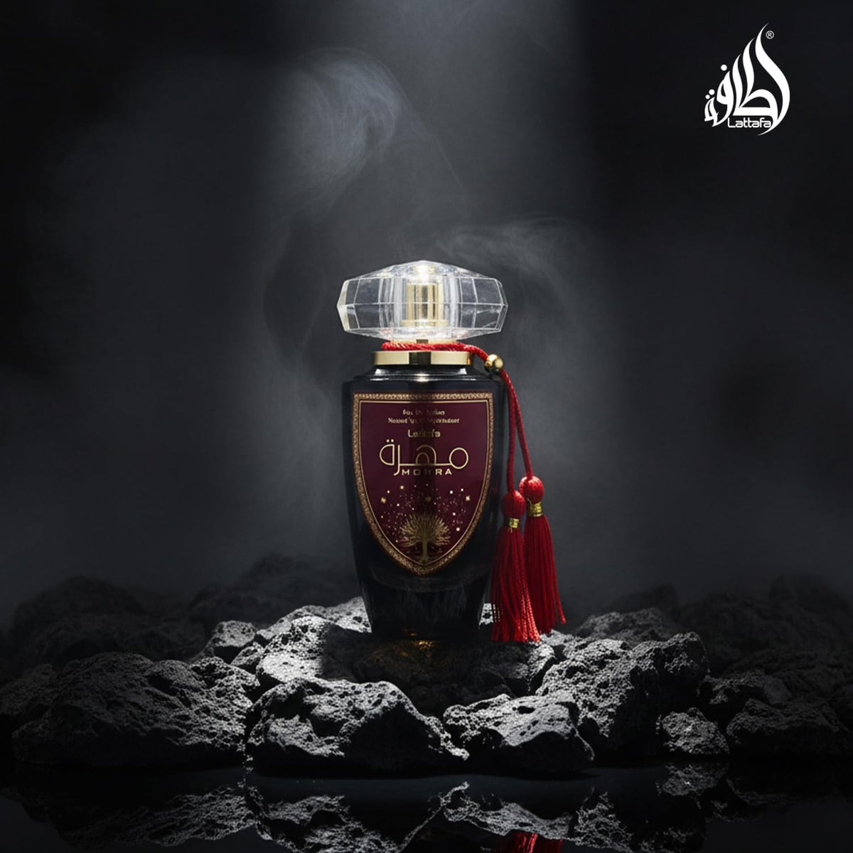Lattafa Mohra detailed label, authentic branding and note information