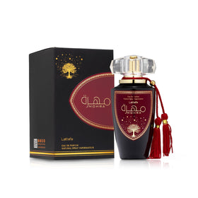 Lattafa Mohra unisex bottle back label, shows elegant branding for versatile use