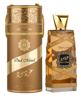 Lattafa Oud Mood Elixir bottle close-up showing premium design