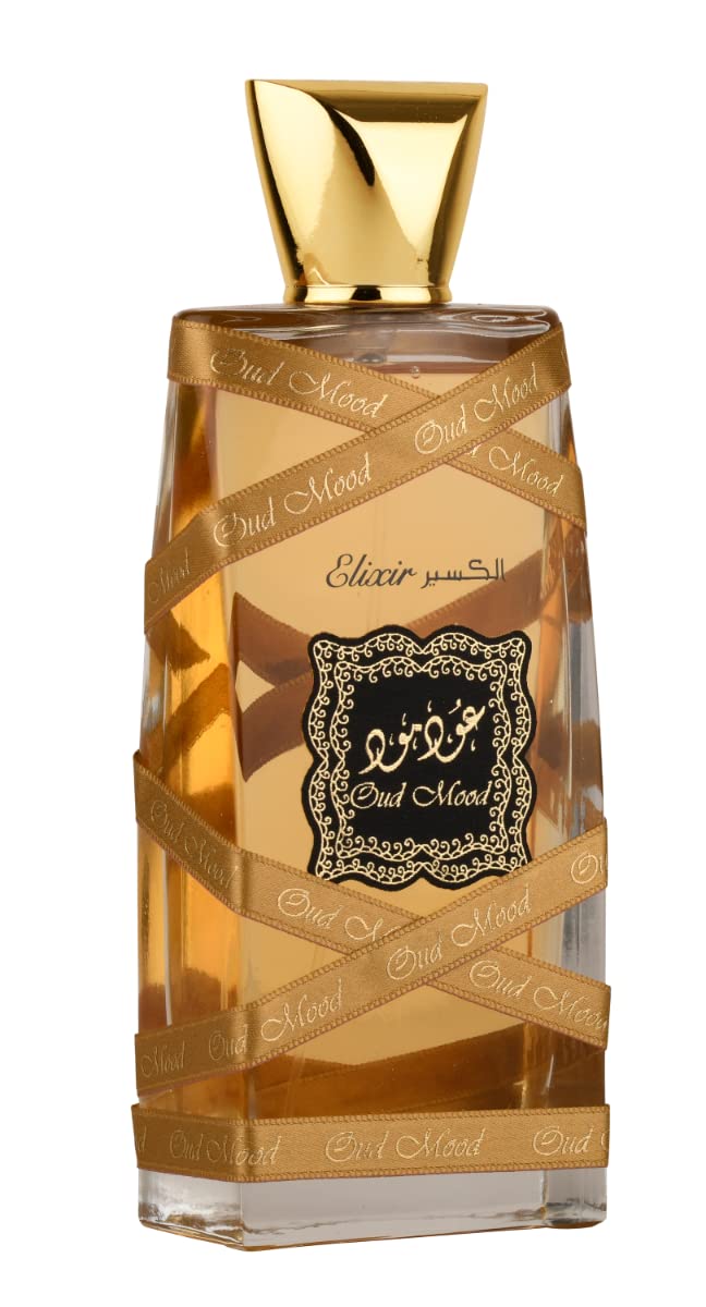 Lattafa Oud Mood Elixir bottle on display for evening wear and elegance