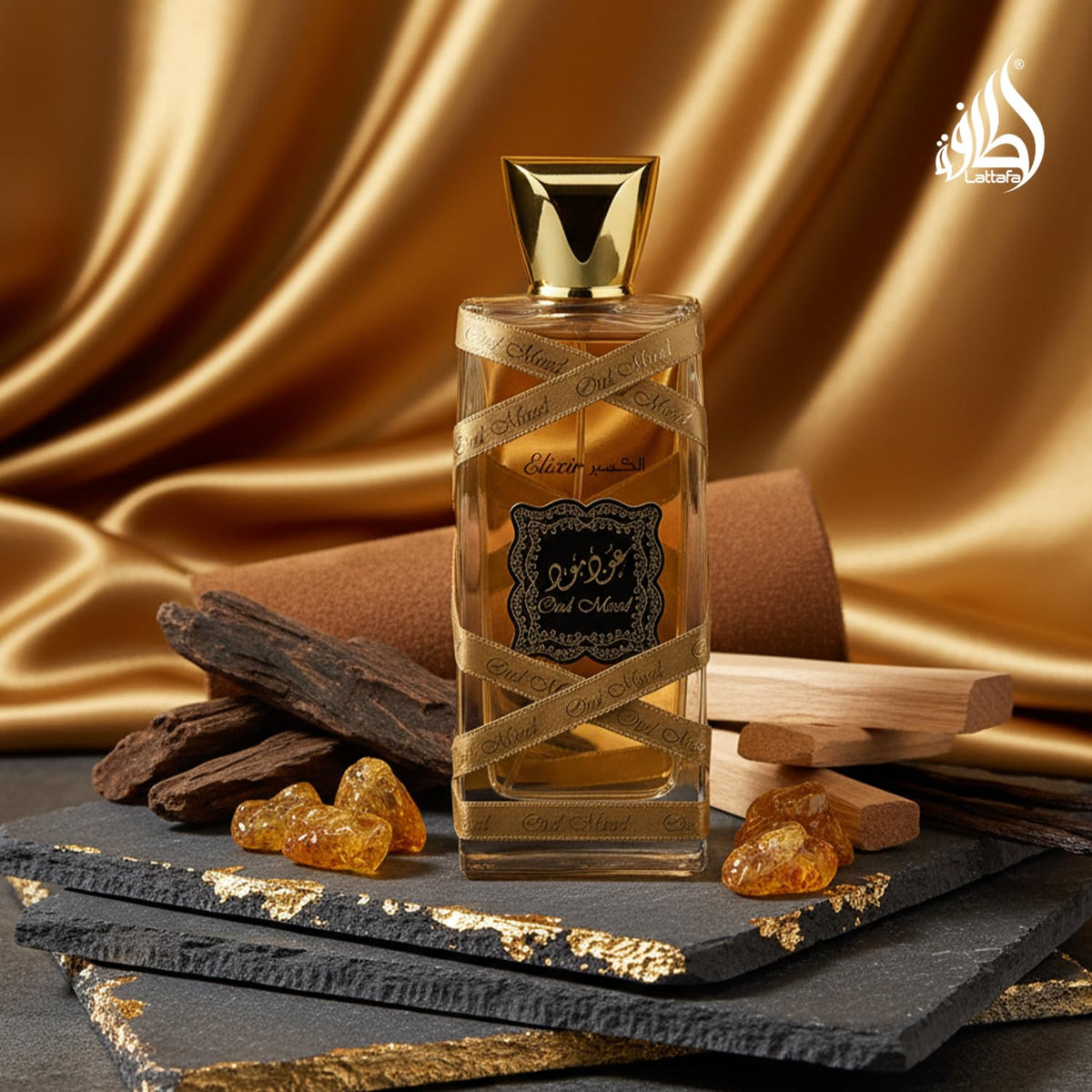 Lattafa Oud Mood Elixir woodsy essence emphasizes oud and sandalwood warmth
