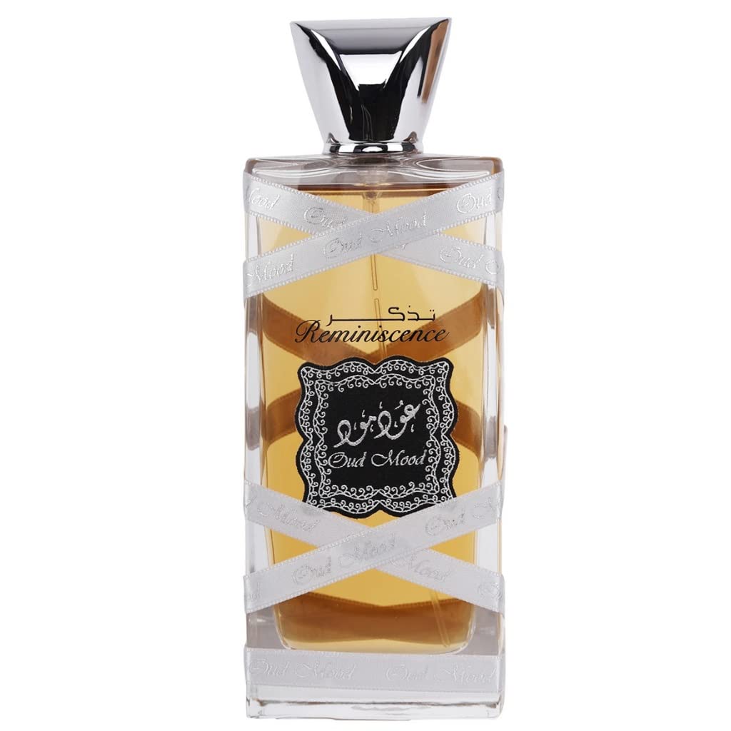 Lattafa Oud Mood Reminiscence bottle front view showcasing long-lasting unisex fragrance