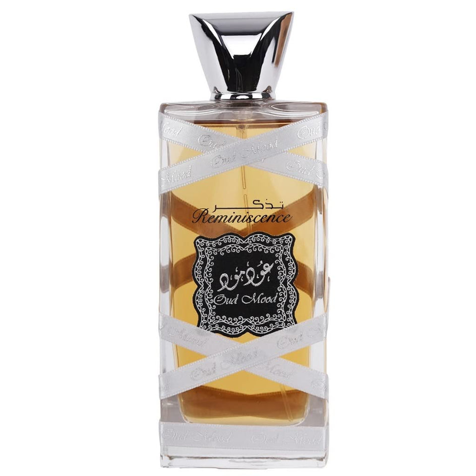 Lattafa Oud Mood Reminiscence bottle front view showcasing long-lasting unisex fragrance
