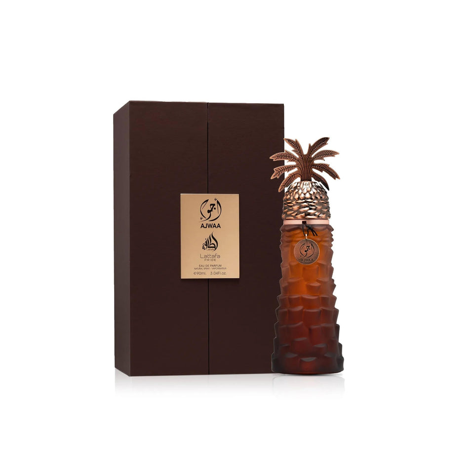 Lattafa Pride Ajwaa bottle front view, unisex fragrance for everyday wear.