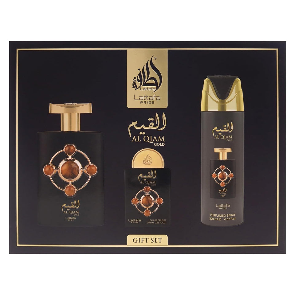 Lattafa Pride Al Qiam Gold EDP bottle close-up for premium evening fragrance.