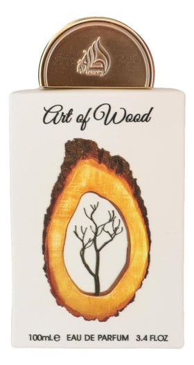 Lattafa Pride Art of Wood bottle label close-up highlighting premium craftsmanship