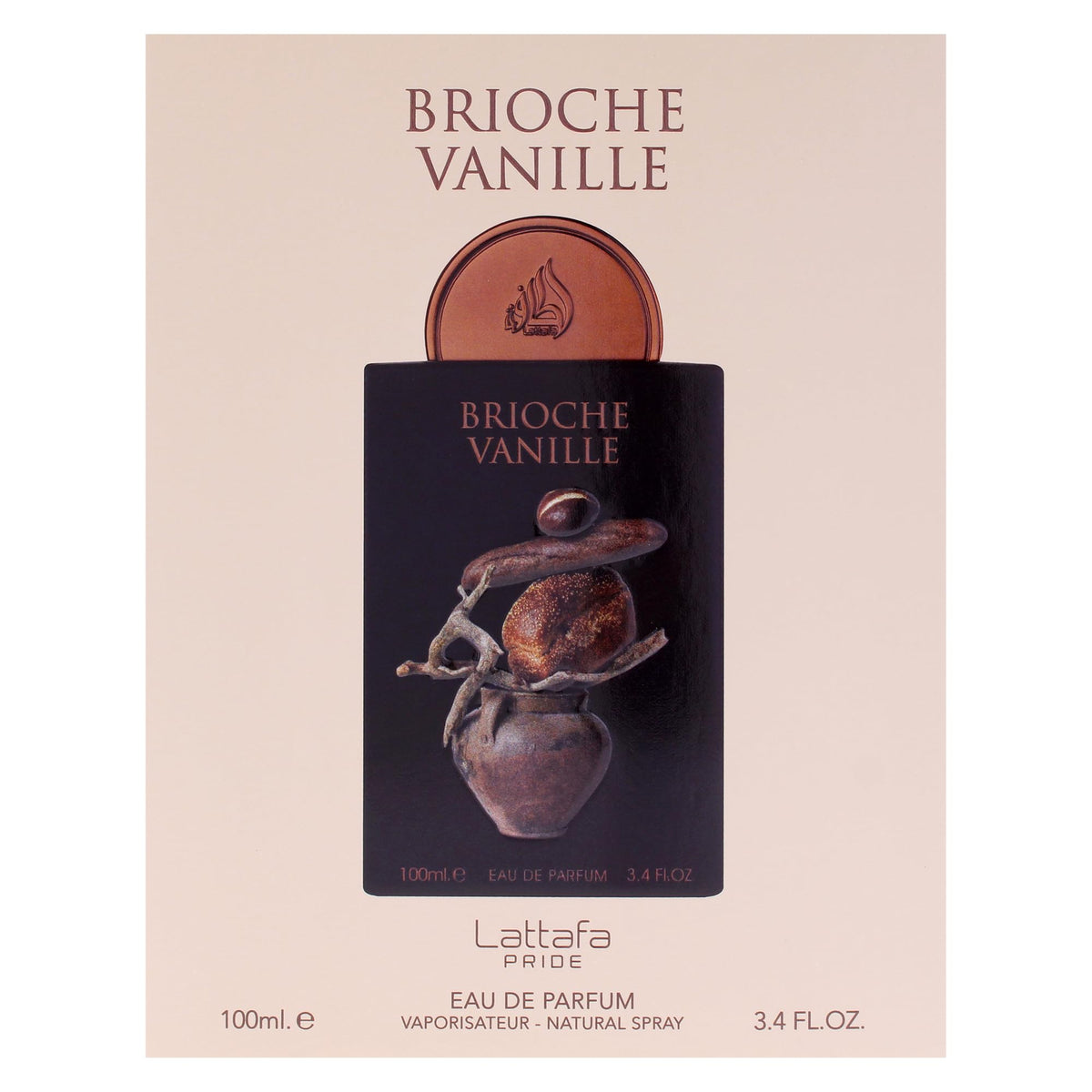 Lattafa Pride Brioche Vanille glass bottle closeup with warm tones