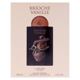 Lattafa Pride Brioche Vanille glass bottle closeup with warm tones