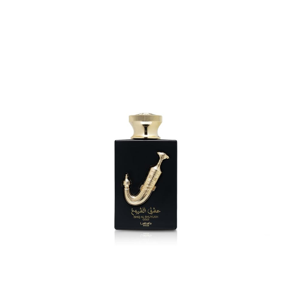 Lattafa Pride Ishq Al Shuyukh Gold bottle showing its woody-leathery scent for daily wear.