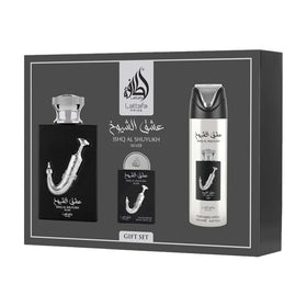 Lattafa Pride Ishq Al Shuyukh Silver bottle close-up, premium masculine design for a refined look.