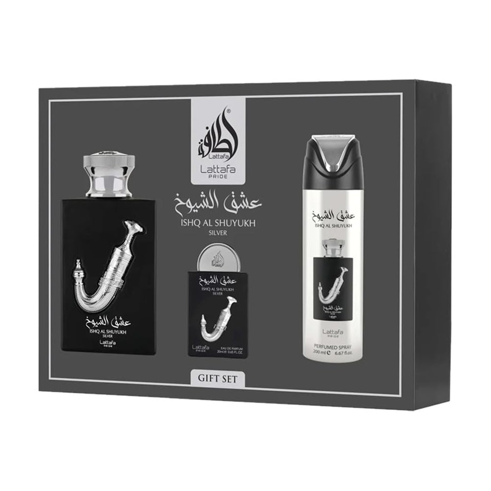 Lattafa Pride Ishq Al Shuyukh Silver bottle close-up, premium masculine design for a refined look.